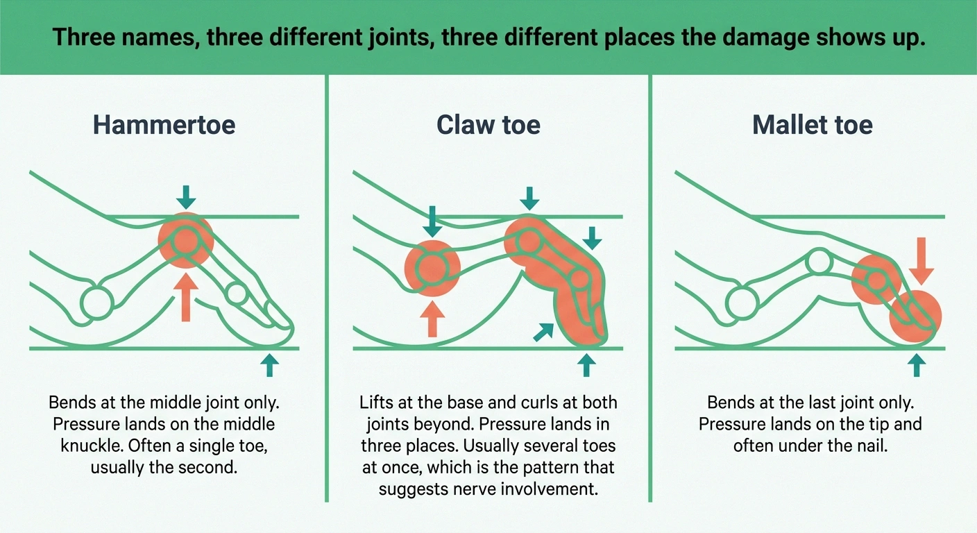 Three side-view diagrams comparing hammertoe, claw toe and mallet toe joint positions
