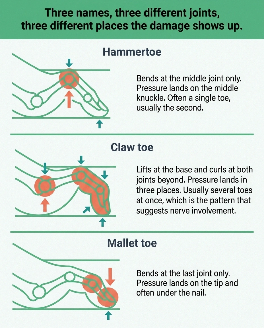 Three side-view diagrams comparing hammertoe, claw toe and mallet toe joint positions