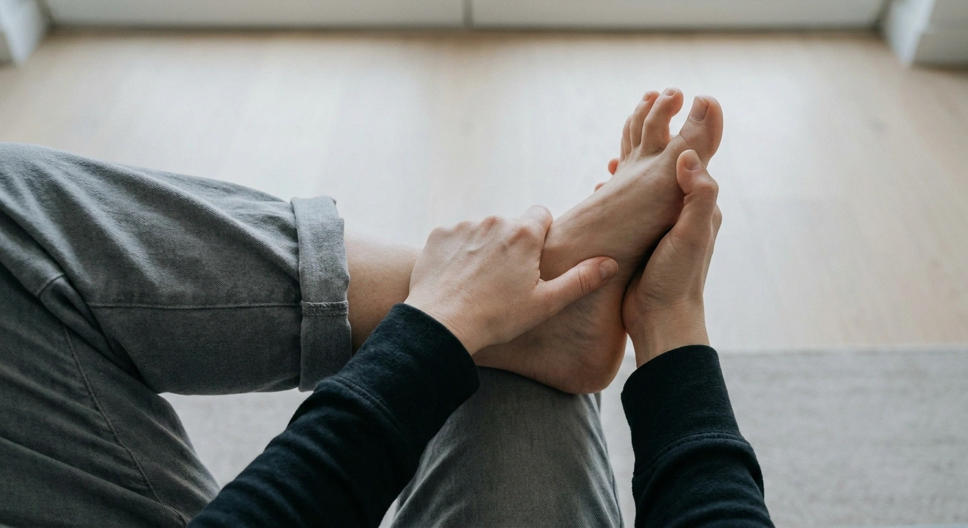 Hands pressing up under the ball of a bare foot to test toe flexibility