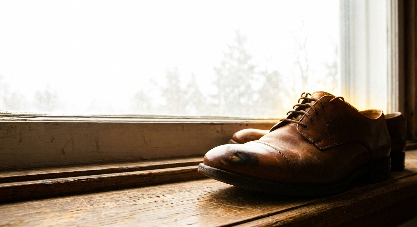 Worn leather shoe on a windowsill with a raised bulge across the toe box