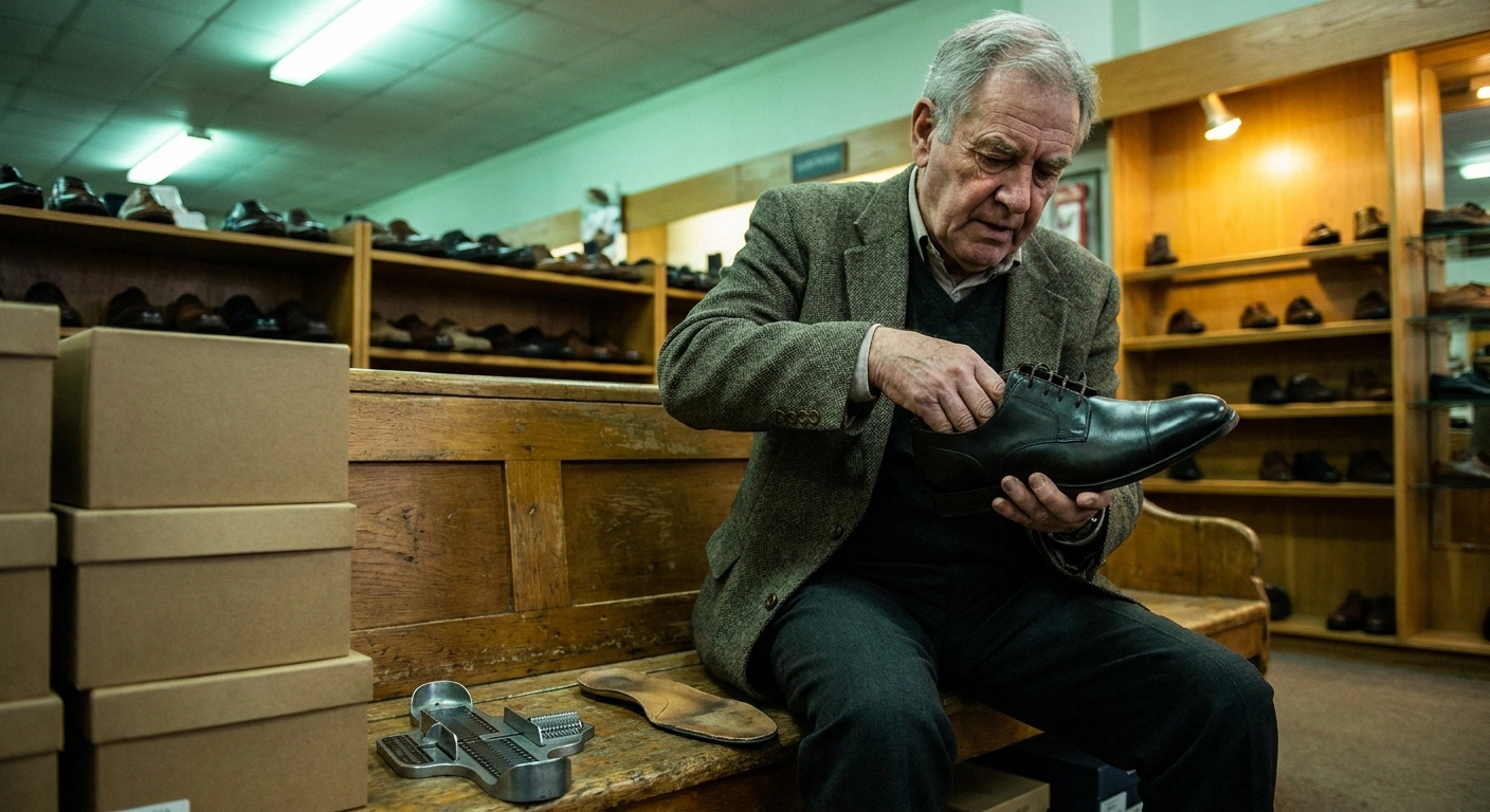 Older man in a shoe shop checking the inside of a shoe toe box