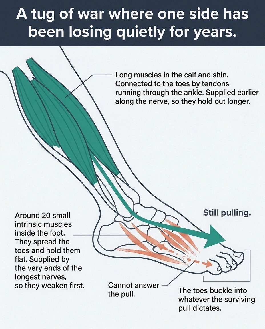 Diagram of calf tendons overpowering weakened small muscles inside the foot