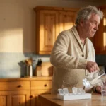 Older man filling a water glass beside an open weekly pill organizer