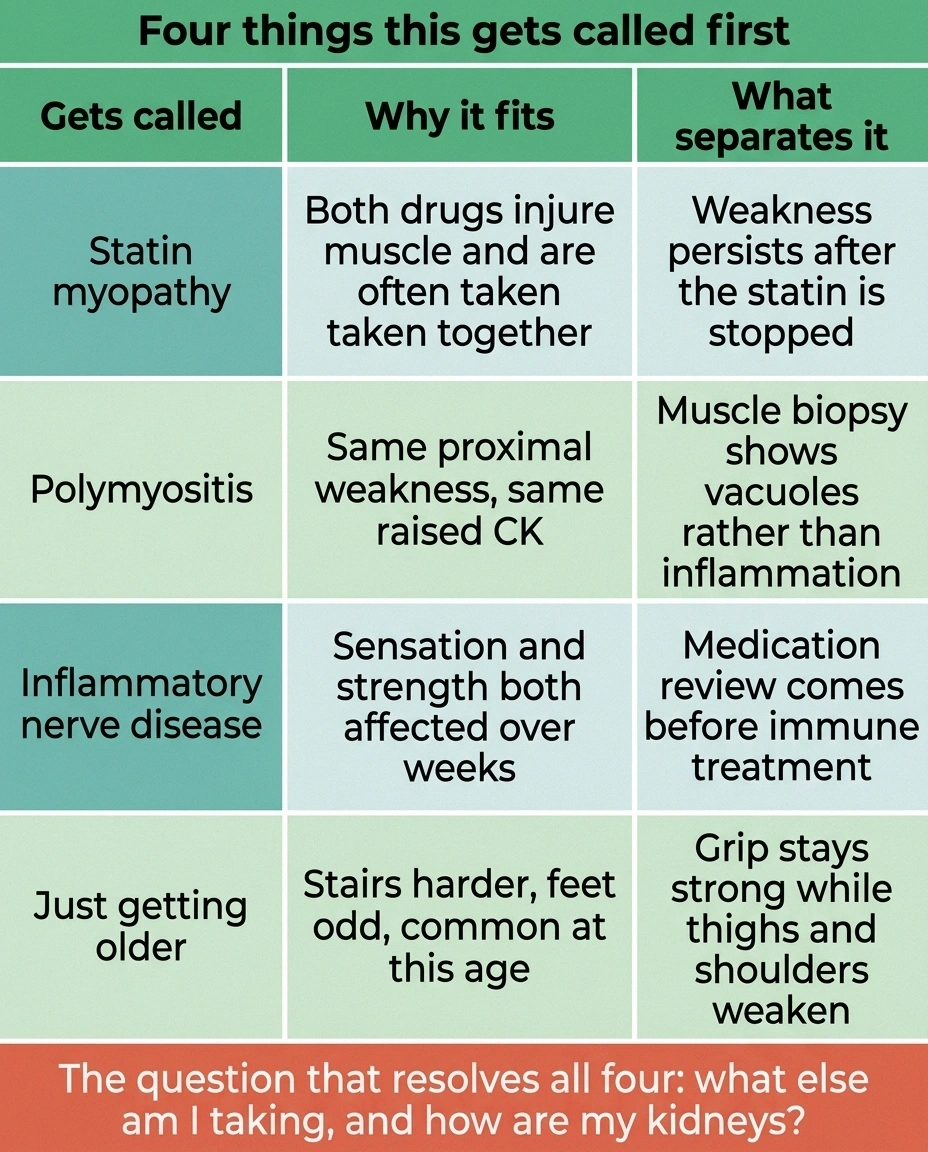 Comparison grid of four conditions colchicine neuromyopathy is mistaken for
