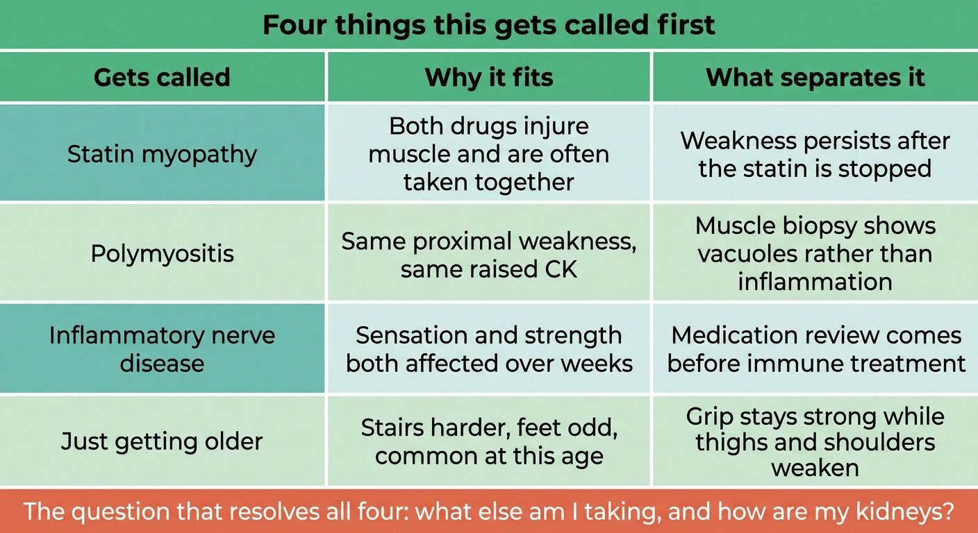 Comparison grid of four conditions colchicine neuromyopathy is mistaken for