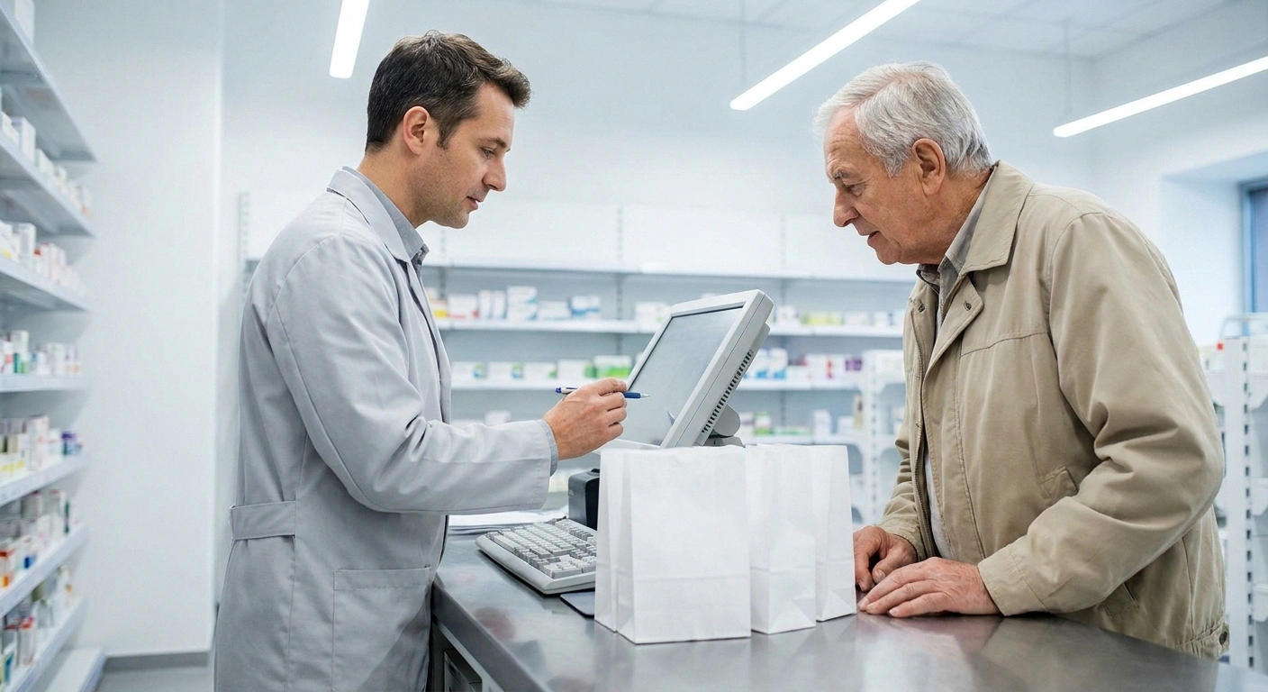 Pharmacist and older customer reviewing a medication list together at the counter