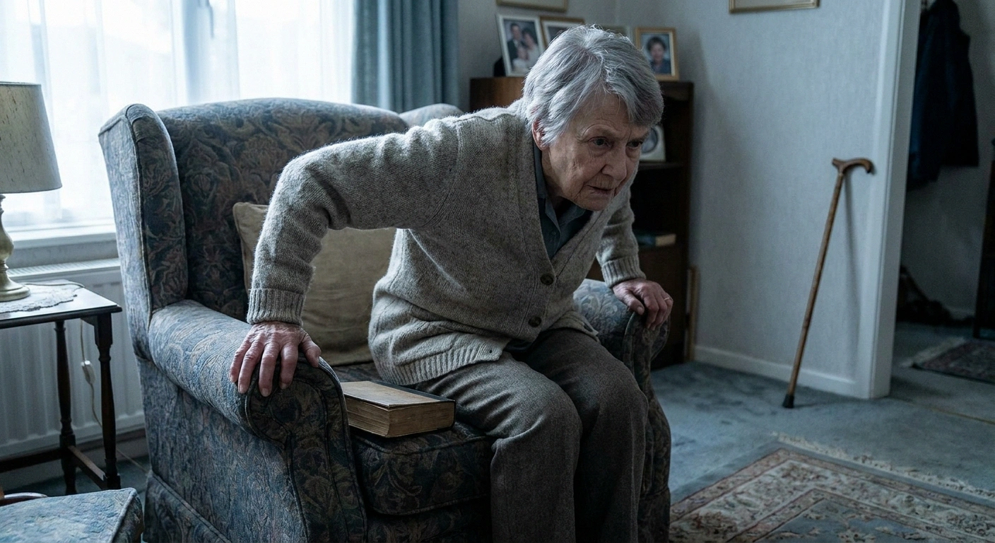 Older woman pushing up from a low armchair using both armrests