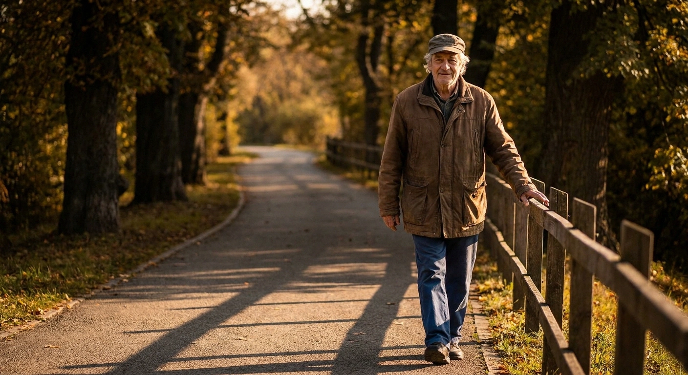 Older man walking a park path in late afternoon light