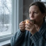 Woman holding a hot mug beside a fogged window.