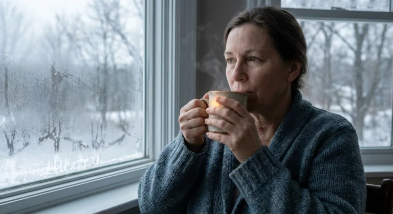 Woman holding a hot mug beside a fogged window.