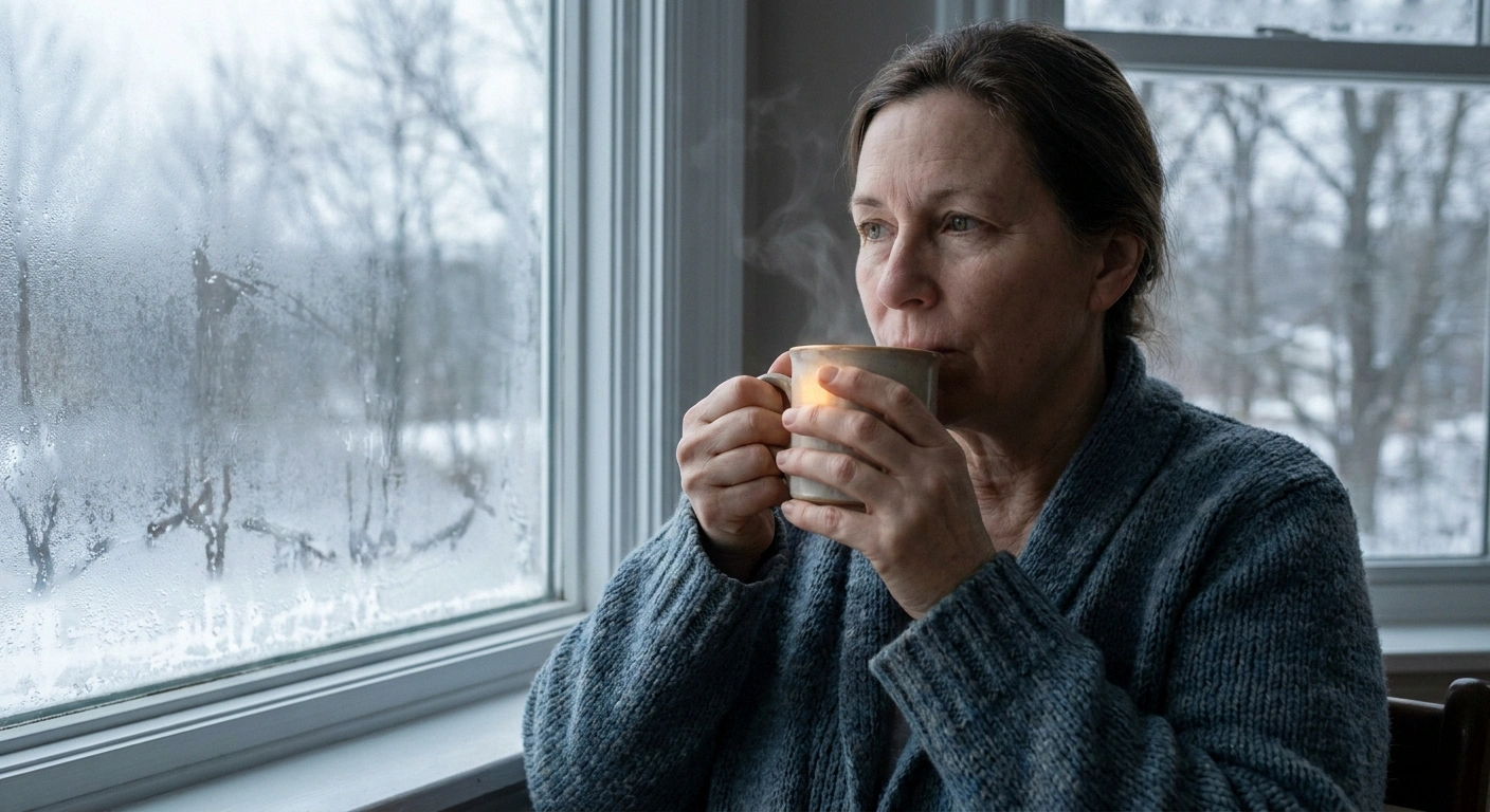 Woman holding a hot mug beside a fogged window.