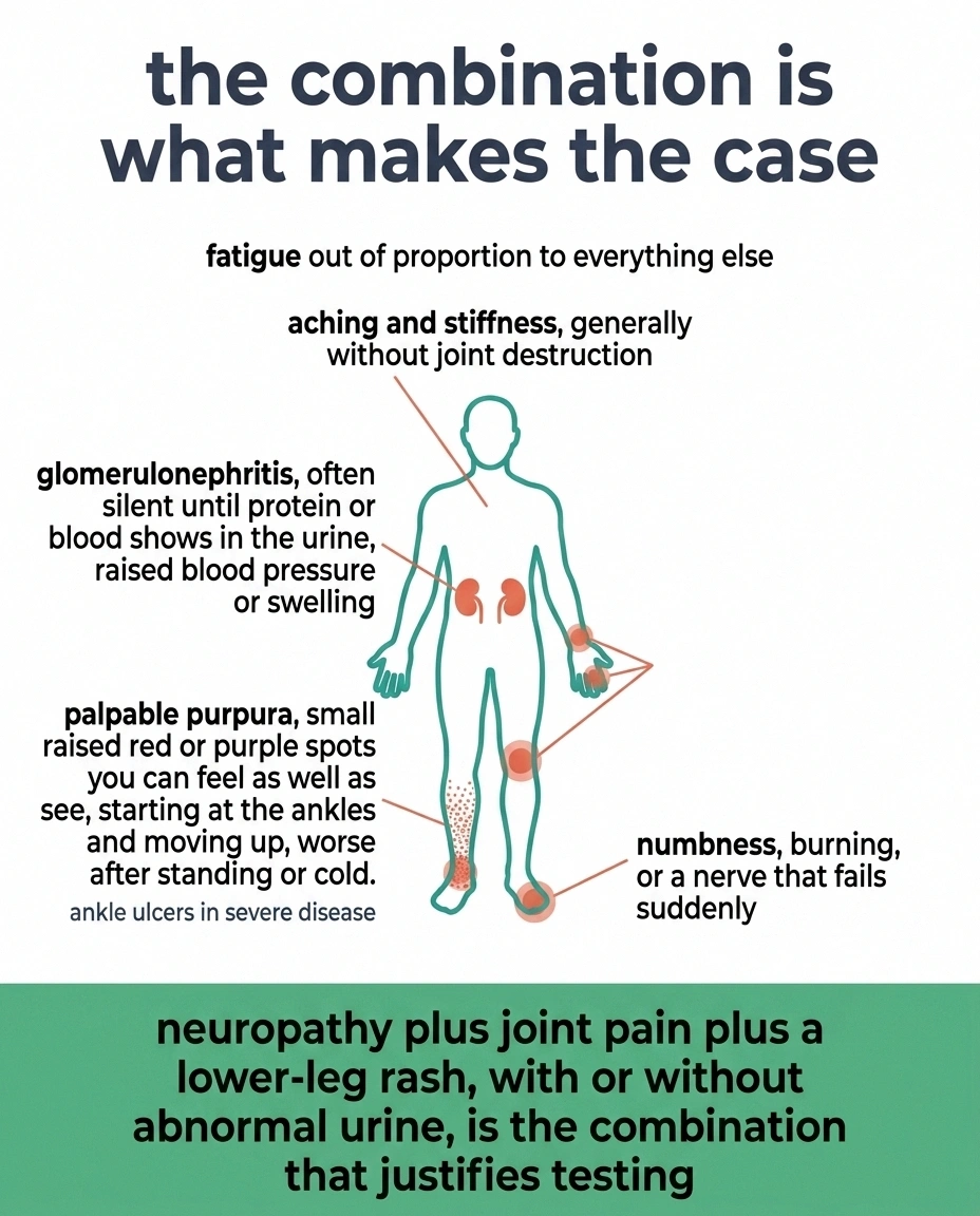 Body map of cryoglobulinemia signs across skin, joints, kidneys and nerves.