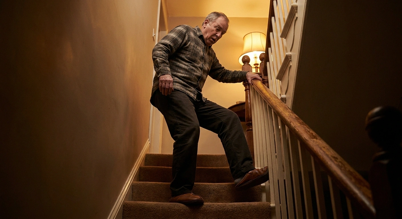 Man gripping a stair handrail as his foot catches a step.