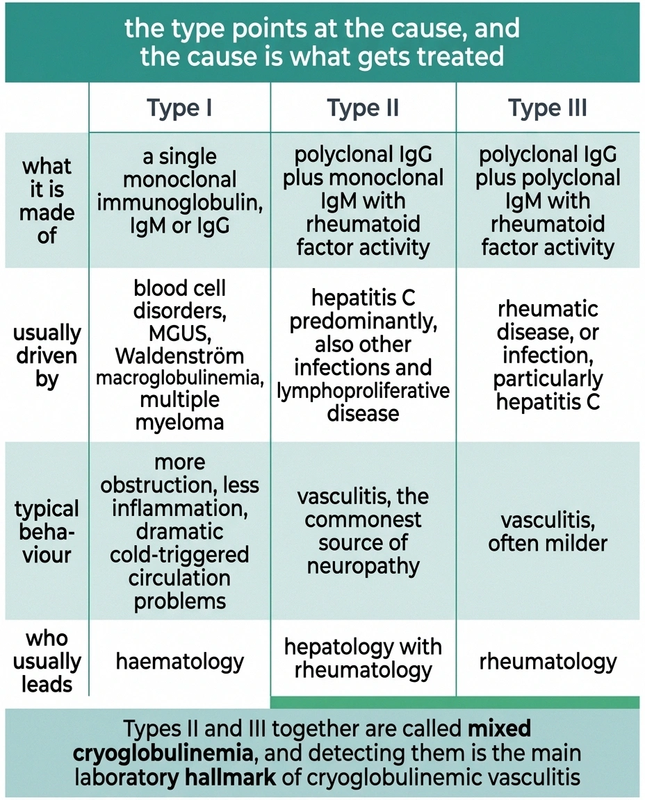 Three-column table comparing types I, II and III cryoglobulinemia by composition and cause.