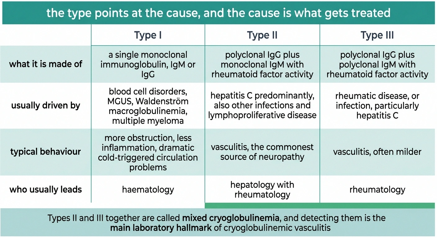 Three-column table comparing types I, II and III cryoglobulinemia by composition and cause.