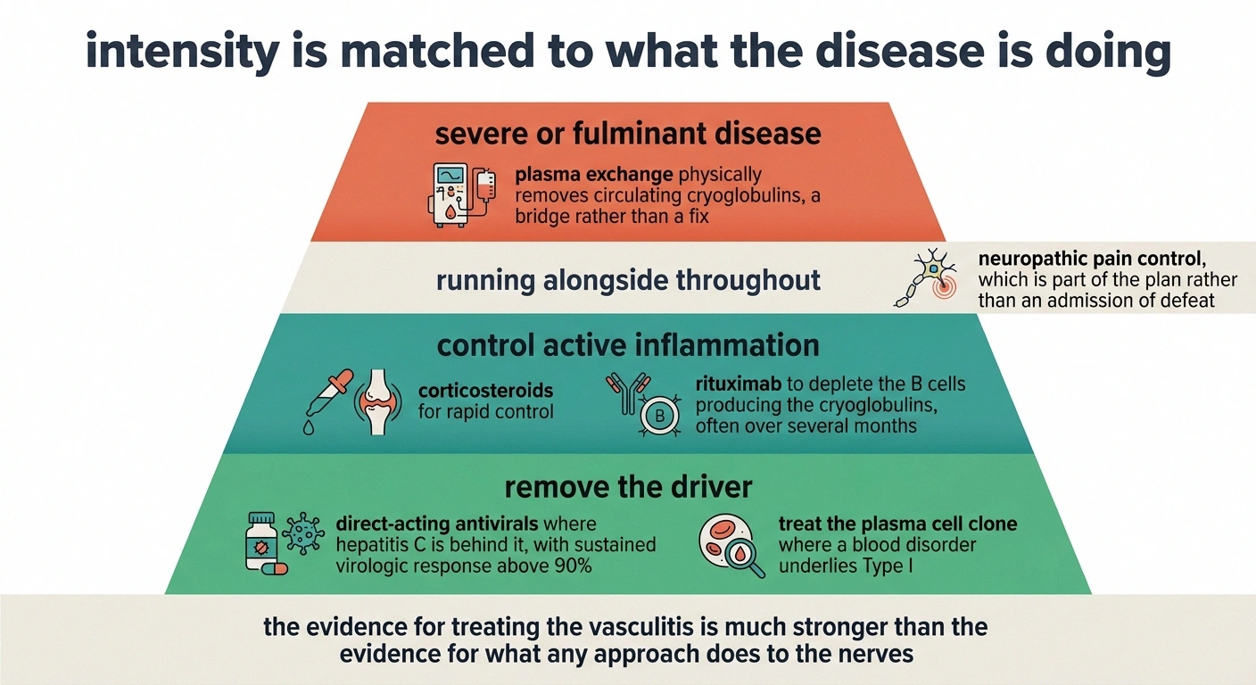 Tiered diagram of cryoglobulinemia treatment from antivirals to plasma exchange.