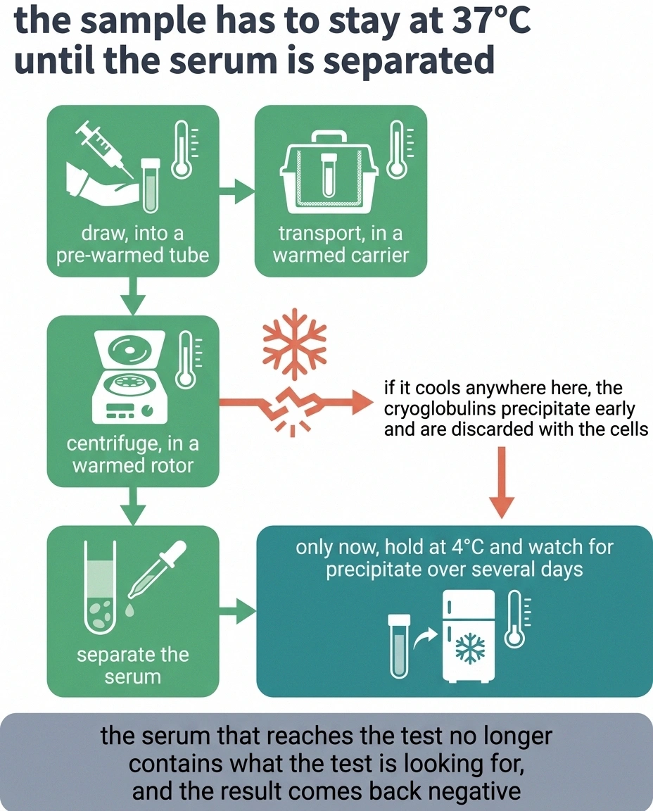 Diagram showing where a cooling blood sample causes a false-negative cryoglobulin test.