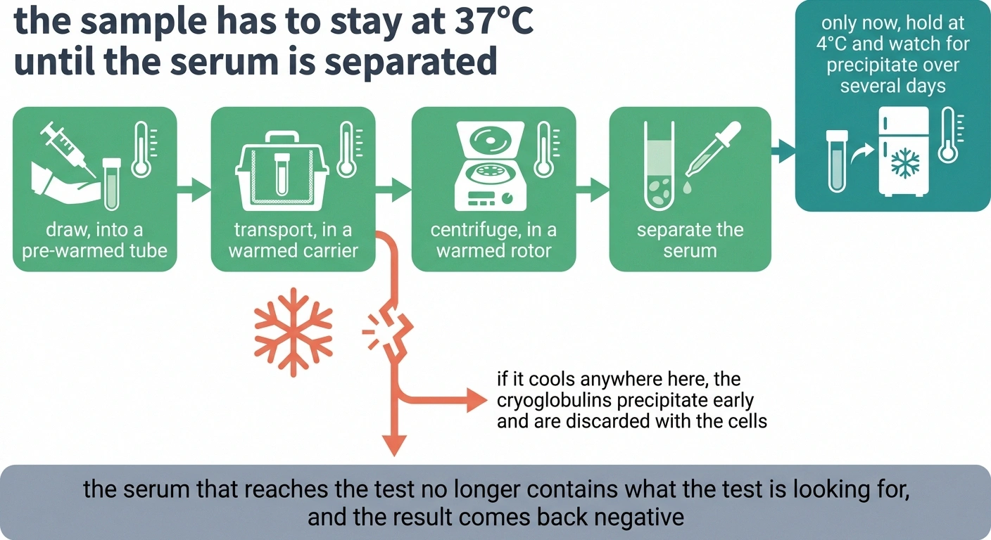 Diagram showing where a cooling blood sample causes a false-negative cryoglobulin test.