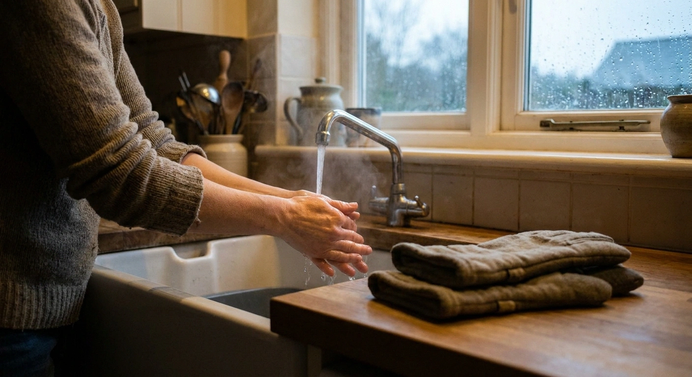 Hands held under warm running water at a kitchen sink with insulated gloves nearby.