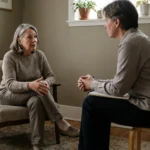 Woman speaking to a seated clinician who is listening rather than typing.