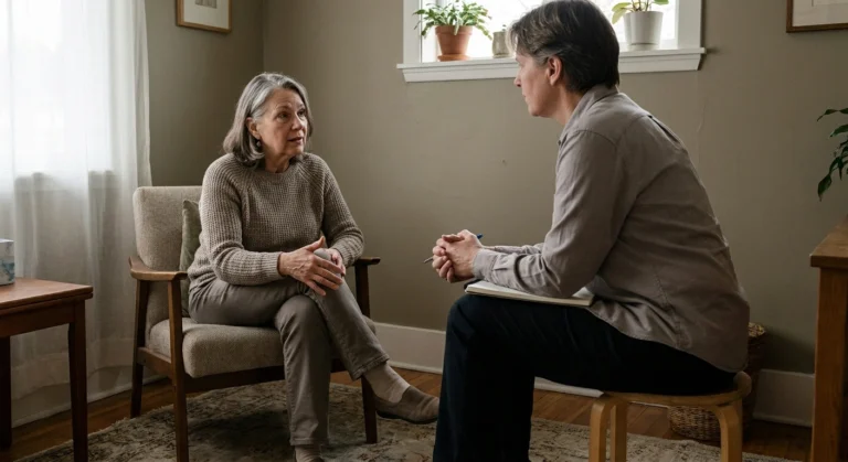 Woman speaking to a seated clinician who is listening rather than typing.