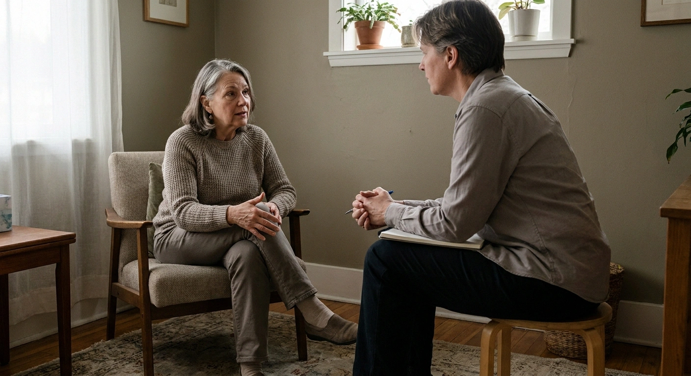 Woman speaking to a seated clinician who is listening rather than typing.