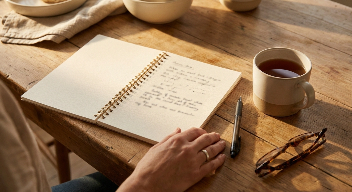 Open notebook, pen and mug on a kitchen table in morning light.