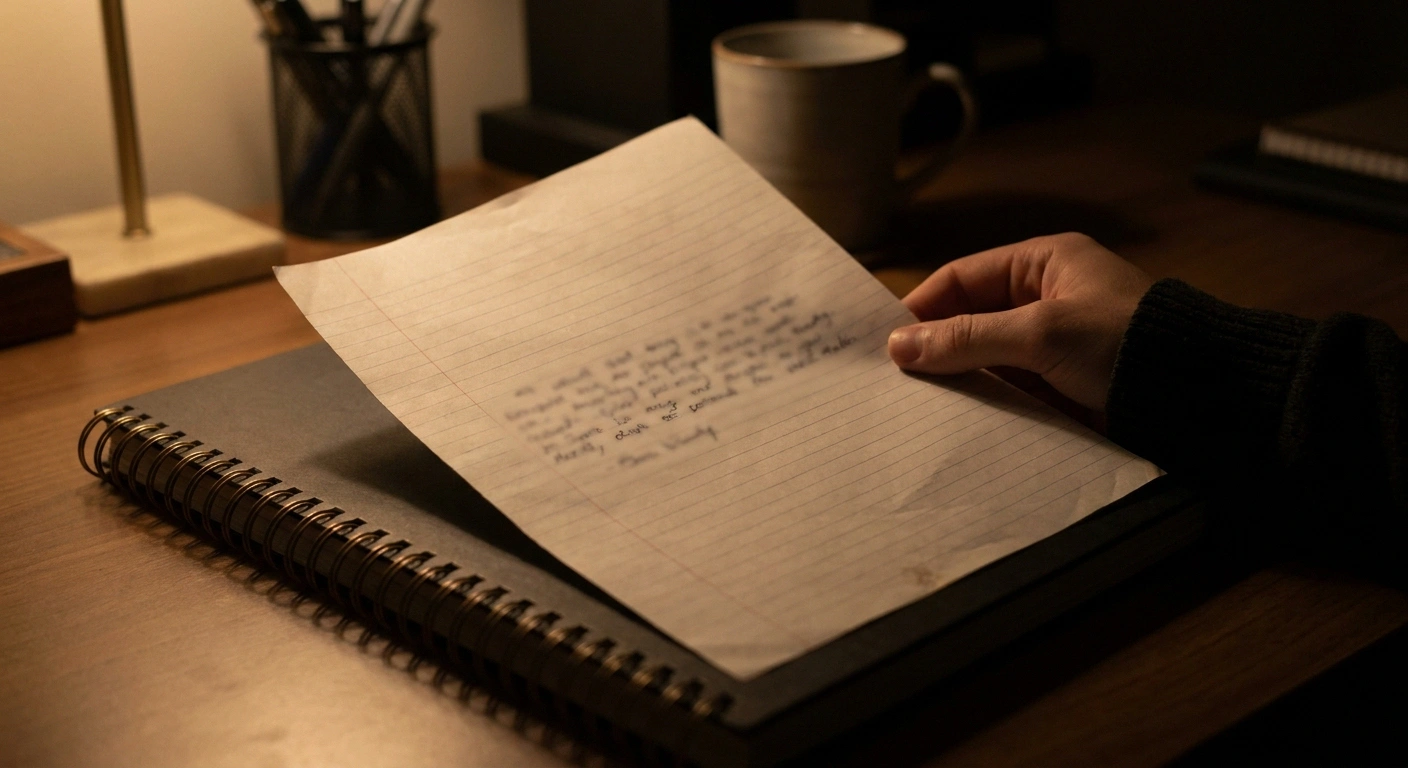 Single handwritten summary sheet resting on a closed notebook under lamplight.
