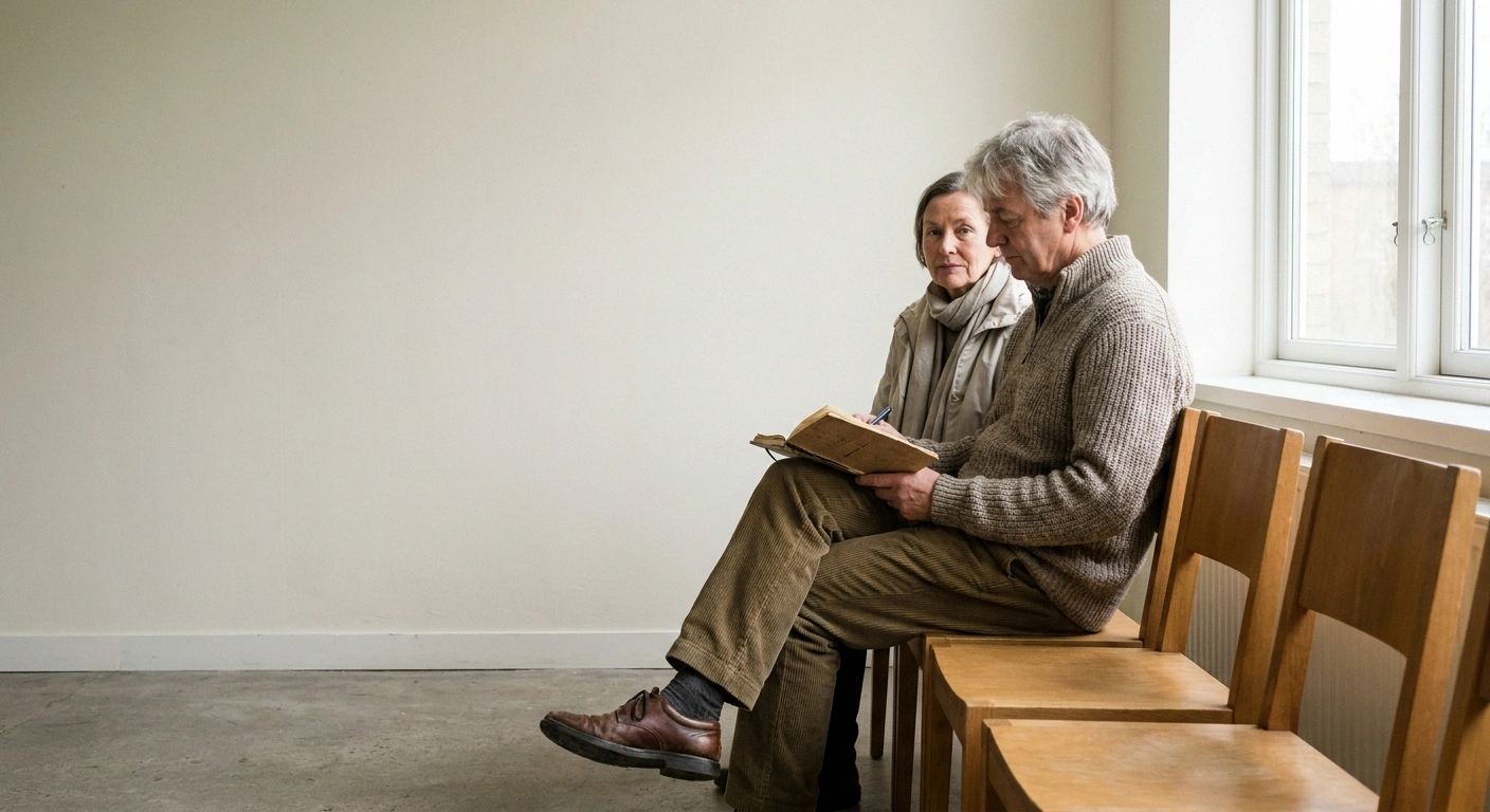 Two people seated together in a waiting area, one holding an open notebook.