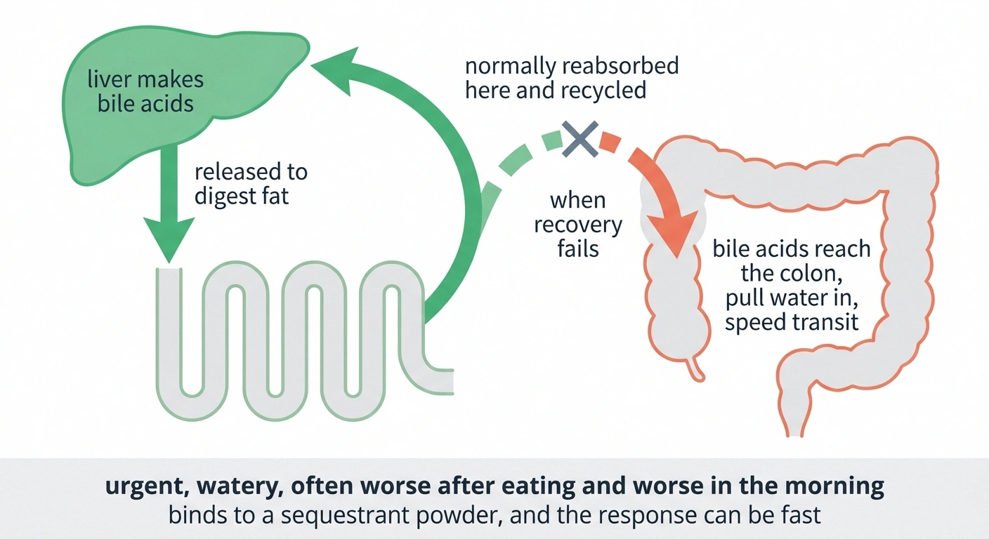 Schematic of bile acid recycling with the reabsorption step broken.