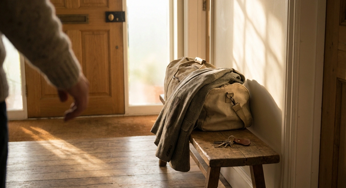 Packed overnight bag and jacket on a hallway bench in afternoon light.