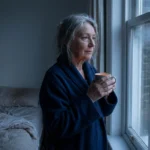 Woman in a dressing gown at a bedroom window before sunrise holding a mug.