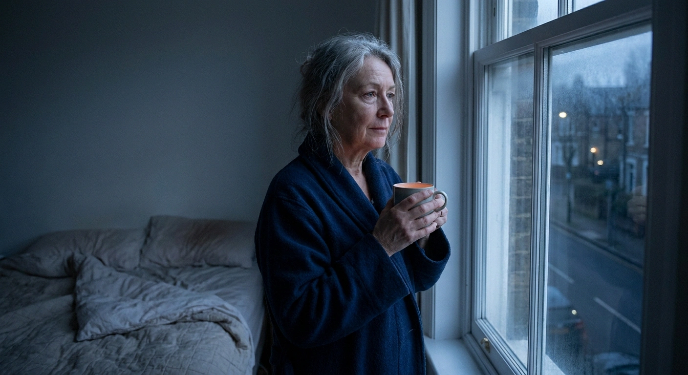 Woman in a dressing gown at a bedroom window before sunrise holding a mug.