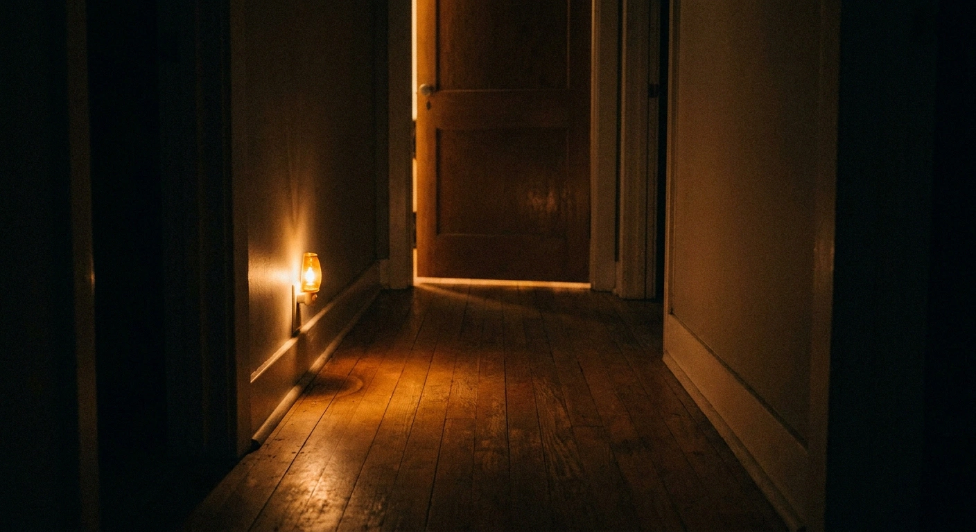 Empty hallway at night lit by a low night light with a clear floor.