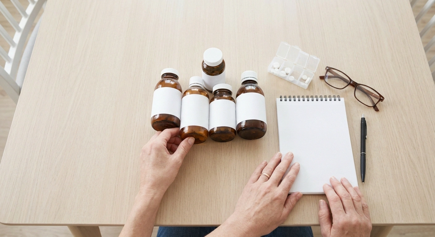 Overhead view of medicine bottles, a notepad and a pen on a dining table.