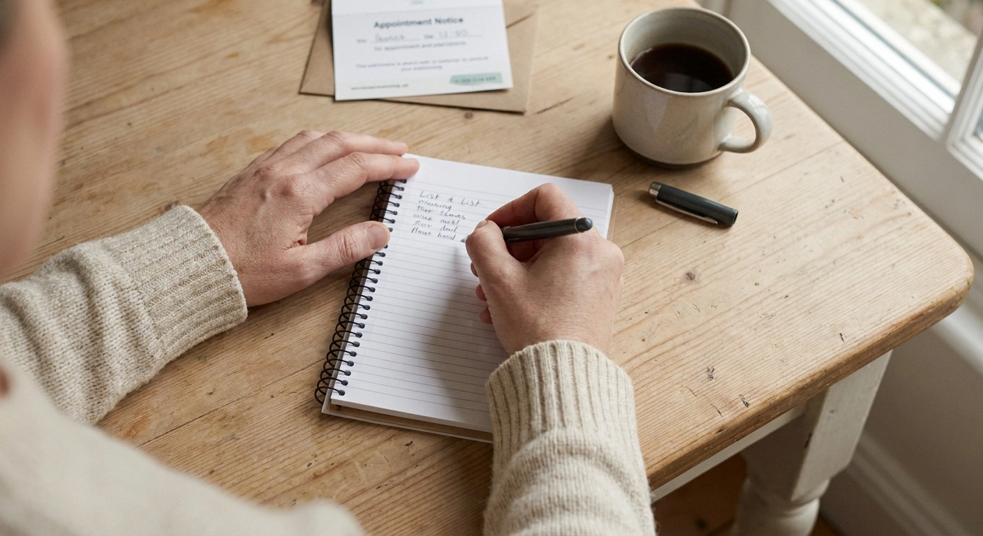 Hands writing a list of questions in a notebook beside a mug of tea