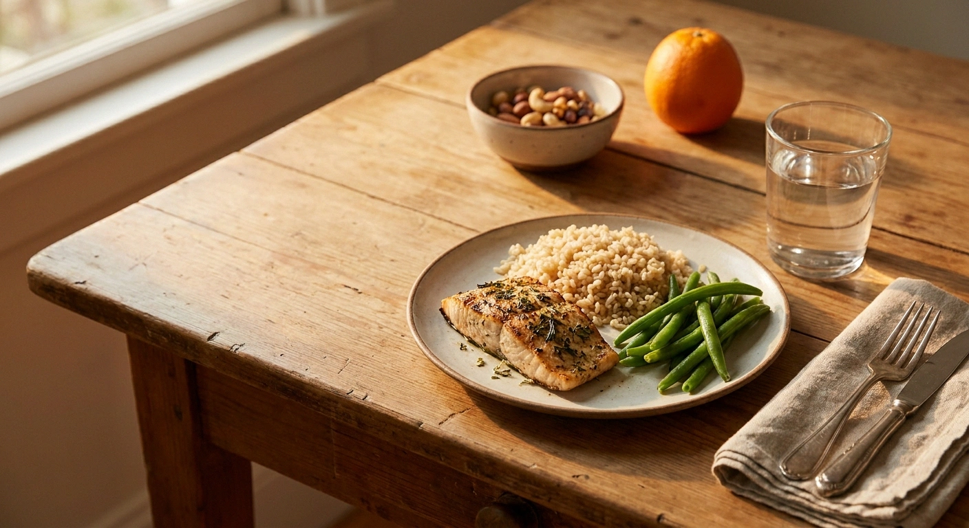 Simple home-cooked meal of fish, rice and vegetables on a wooden table