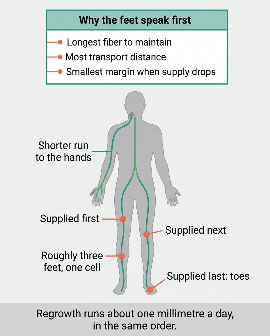 Diagram showing why the longest nerves to the toes are supplied last
