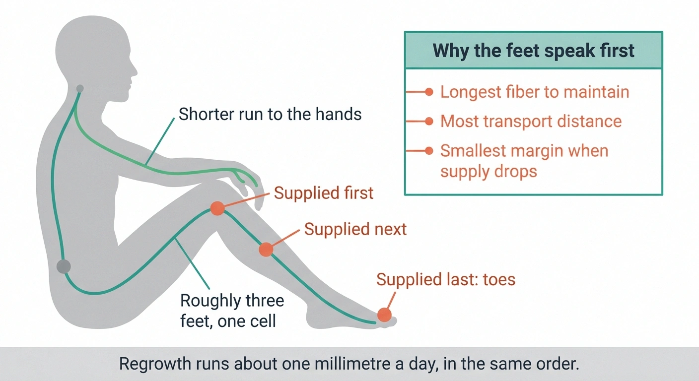 Diagram showing why the longest nerves to the toes are supplied last