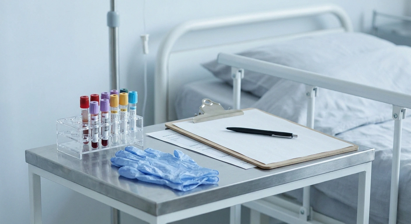 Blood collection tubes and an observation chart on a clinical side table