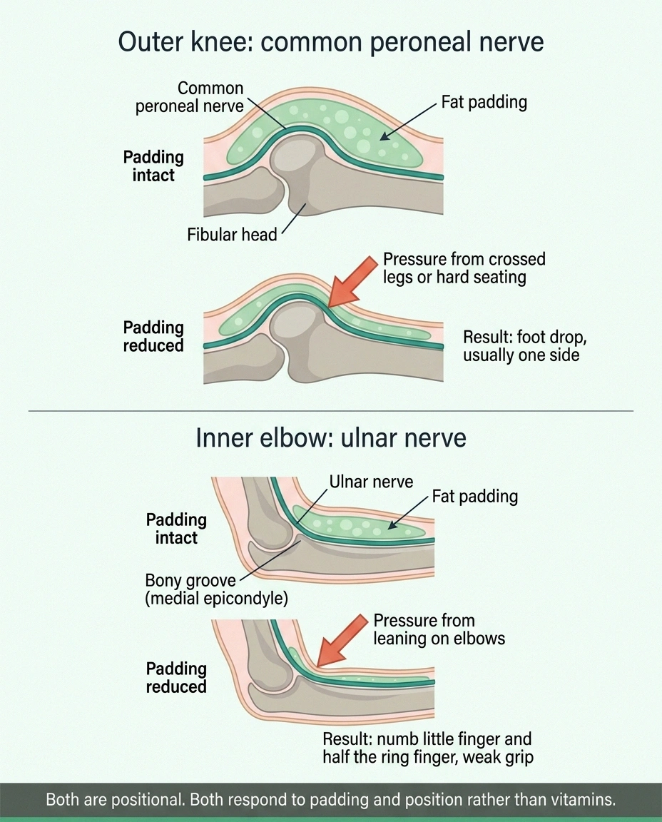 Diagram showing peroneal and ulnar nerve compression once fat padding thins
