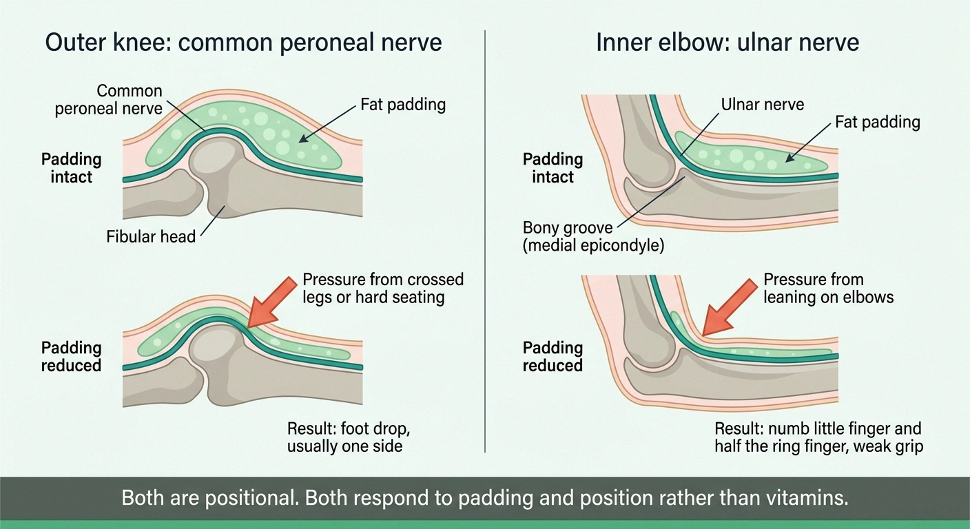 Diagram showing peroneal and ulnar nerve compression once fat padding thins