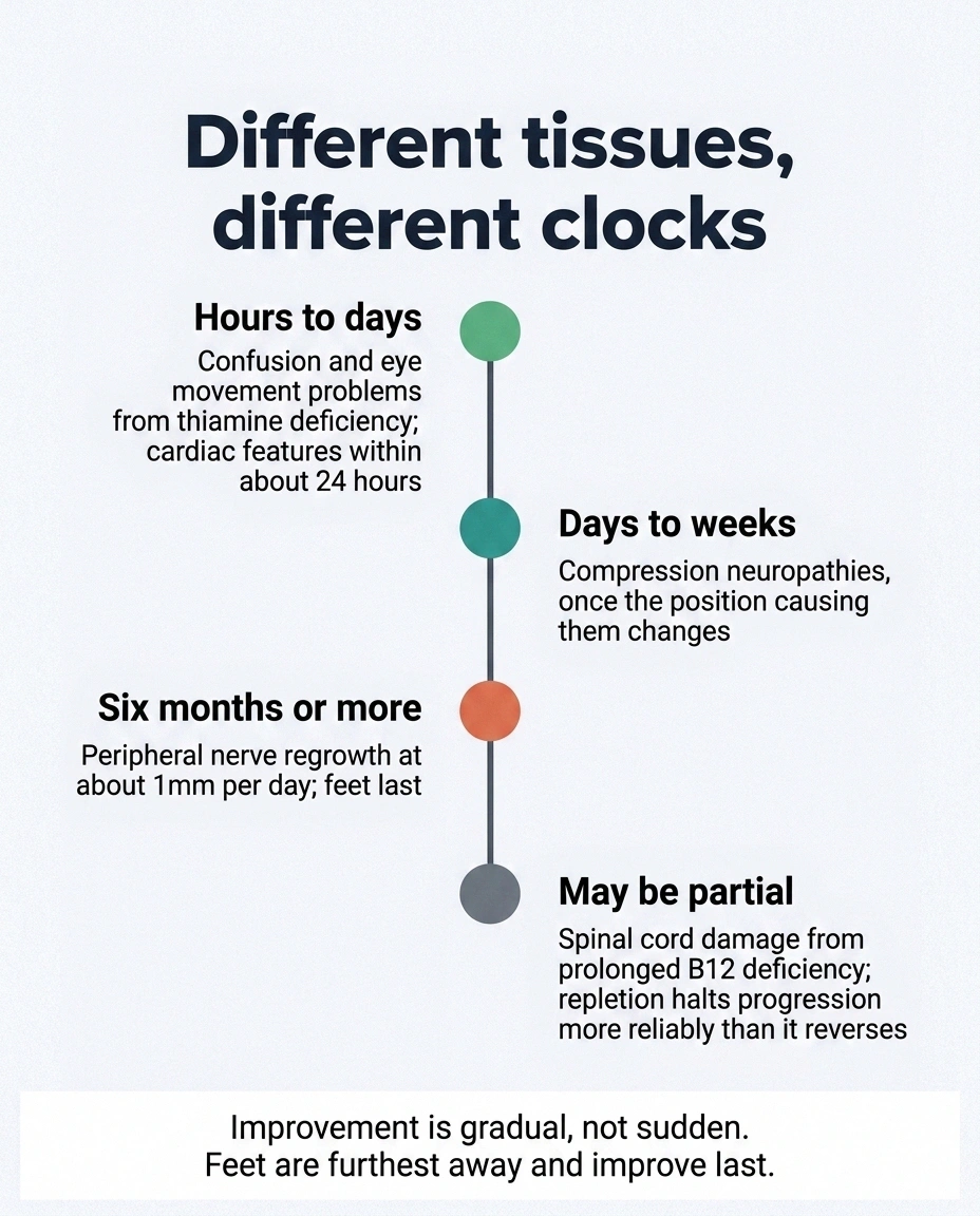 Timeline comparing recovery speeds for thiamine, compression, nerve regrowth and cord damage