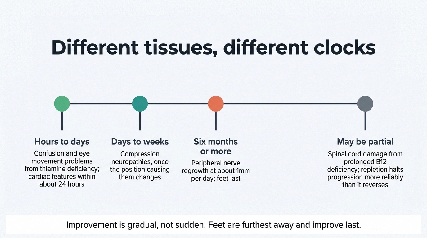 Timeline comparing recovery speeds for thiamine, compression, nerve regrowth and cord damage