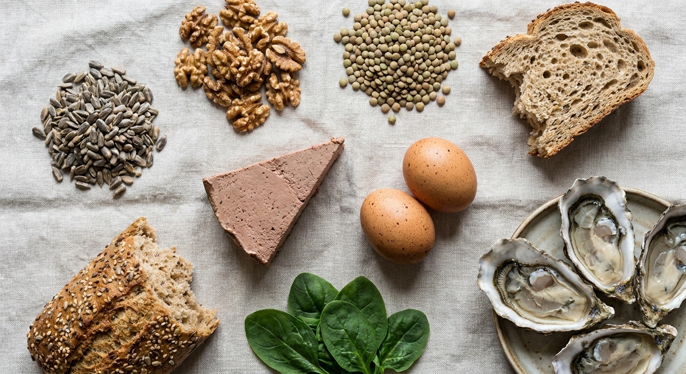 Overhead view of whole foods including seeds, nuts, lentils, eggs and greens