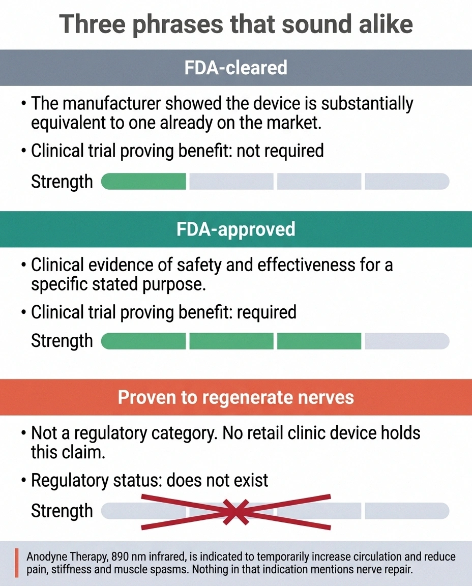Three-column comparison of FDA-cleared, FDA-approved and unproven nerve regeneration claims