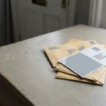 A stack of mail, keys and gloves on a plain hall table