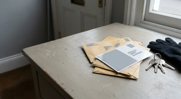 A stack of mail, keys and gloves on a plain hall table