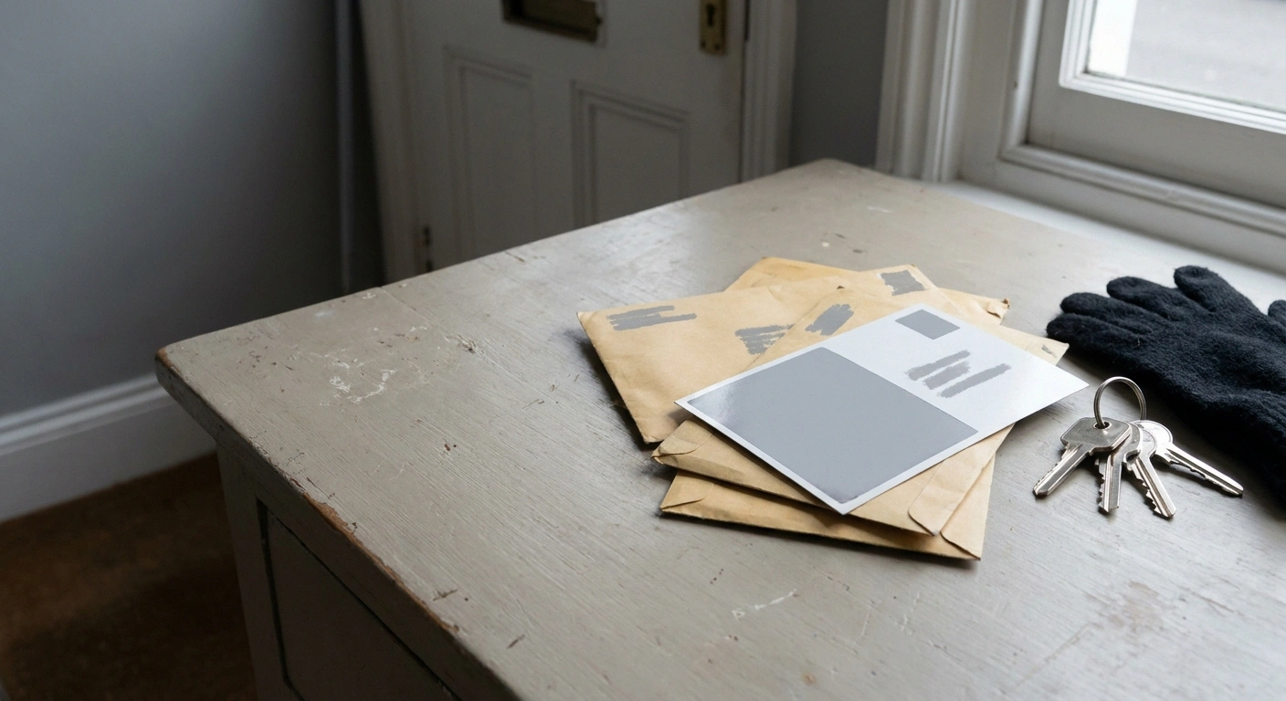 A stack of mail, keys and gloves on a plain hall table