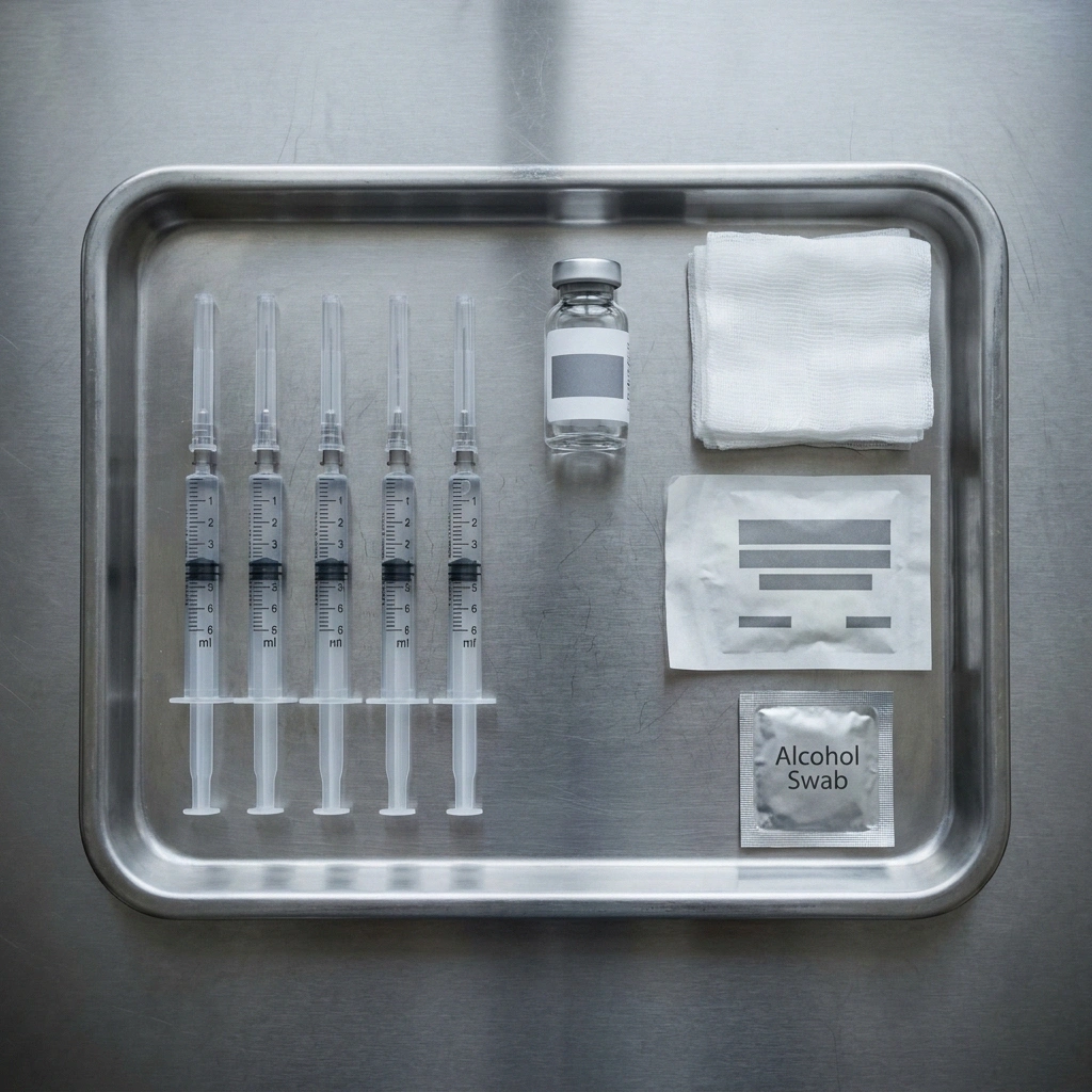 Five capped syringes, a vial and gauze arranged on a stainless steel procedure tray